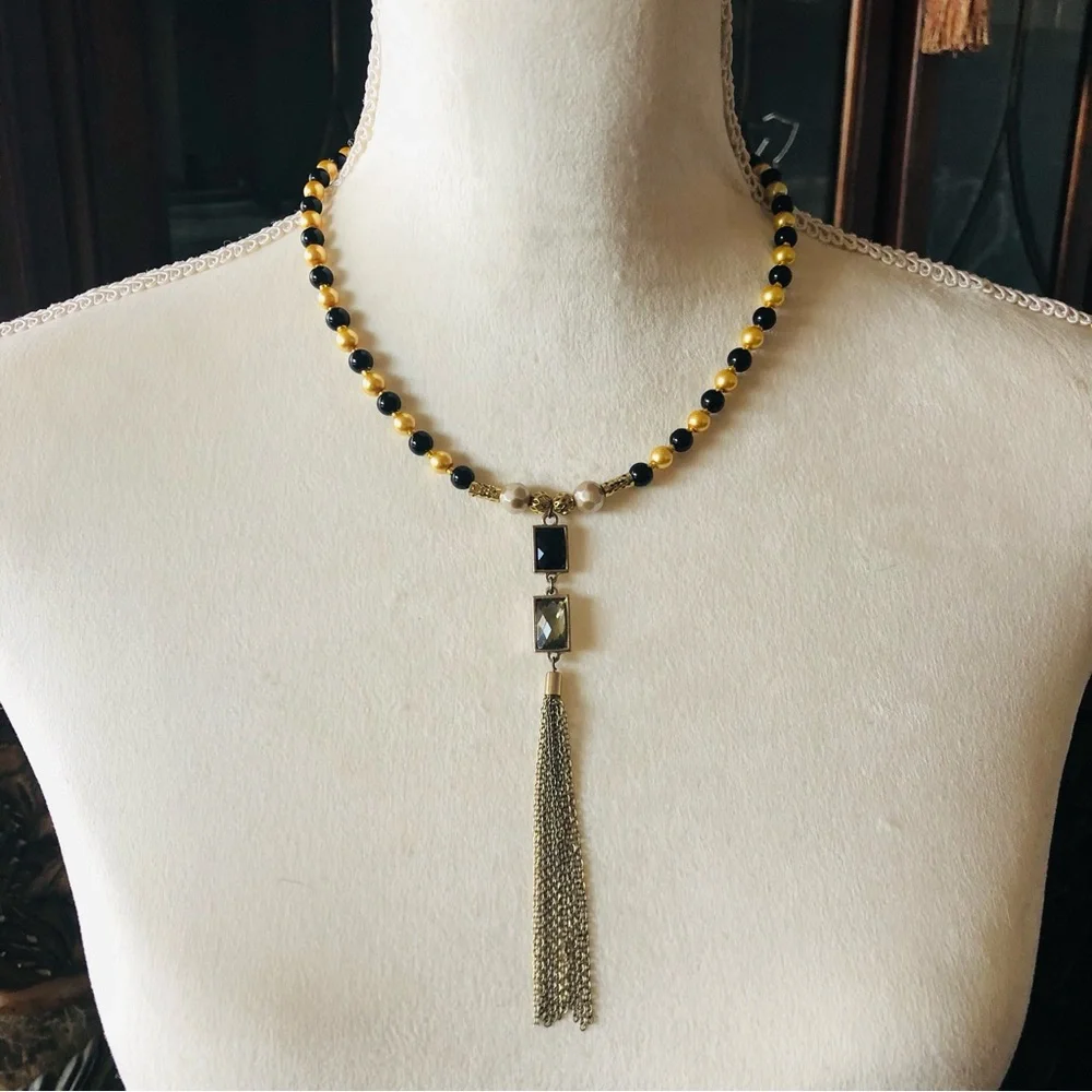 Handcrafted repurpose black and gold chain fringe Czech glass Pearl necklace